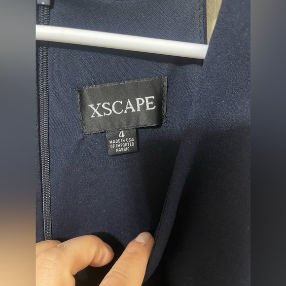 ❤️XSCAPE Womens Navy Zippered Sleeveless V Neck Midi Cocktail Mermaid Dress - Picture 8 of 9